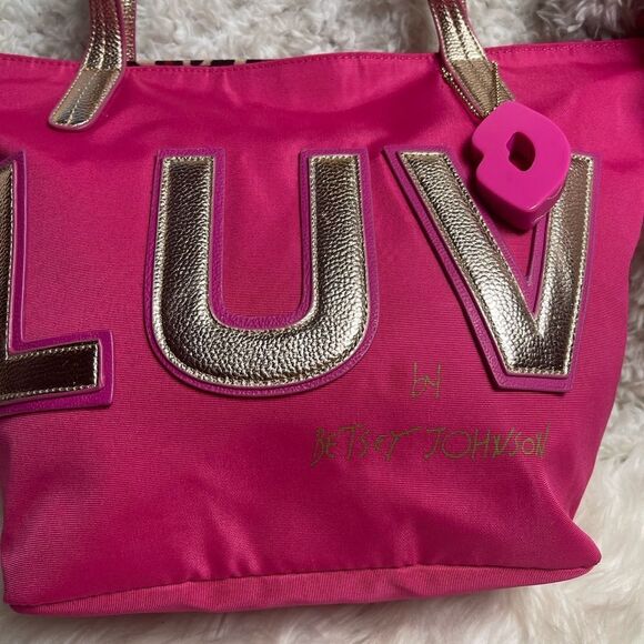 Luv Betsey by Betsey Johnson hot pink fabric Tote faux leather gold straps - Picture 4 of 13